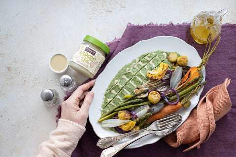 Verdure al forno su crema di broccoli e Amandino