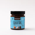 Etichetta frontale della crema Solo Tre (con soli 3 ingredienti): nocciola, zucchero di cocco, cacao. Bio.