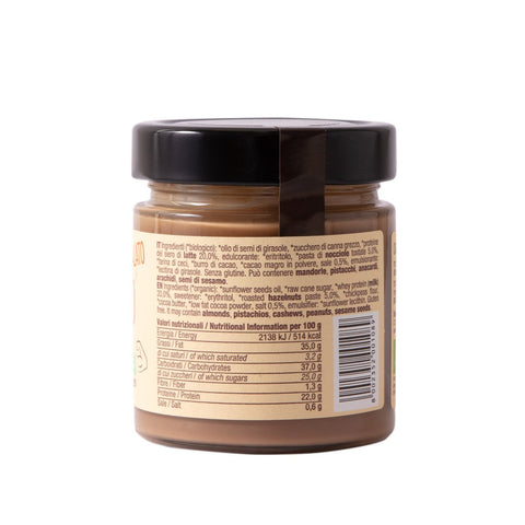 Ingredienti e informazioni nutrizionali del prodotto. Allergeni: nocciole, mandorle, latte, pistacchi, anacardi, arachidi e semi di sesamo.