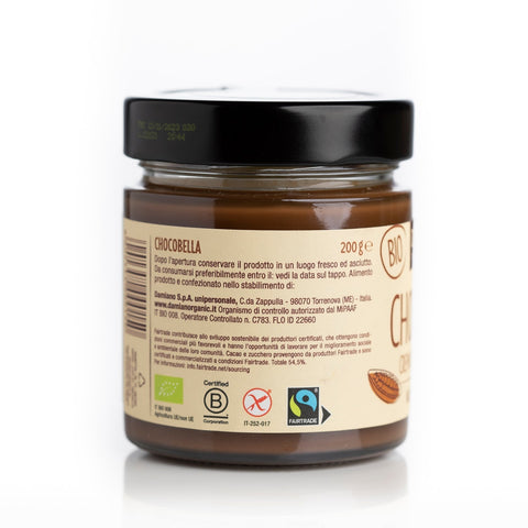 Chocobella classica 200g: dopo l'apertura conservare il prodotto in un luogo fresco e asciutto. Prodotto da Damiano Spa - Contrada Zappulla ME). Certitifcazioni: EU Bio, Fairtrade, Gluten free e BCorp.