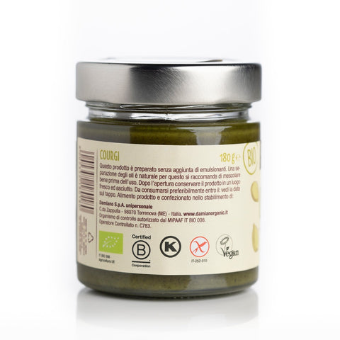 Etichetta retro: prodotto preparato senza emulsionanti. Dopo l'apertura conservare il prodotto in un luogo fresco e asciutto. Mescolare bene prima dell'uso. Prodotto da Damiano Spa - Contrada Zappulla (ME). Certificazioni: EU Bio, BCorp, Gluten free, Kosher, vegan.