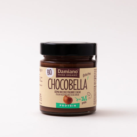 Crema alle nocciole e cacao fronte etichetta. crema bio e gluten free con 24g di proteine