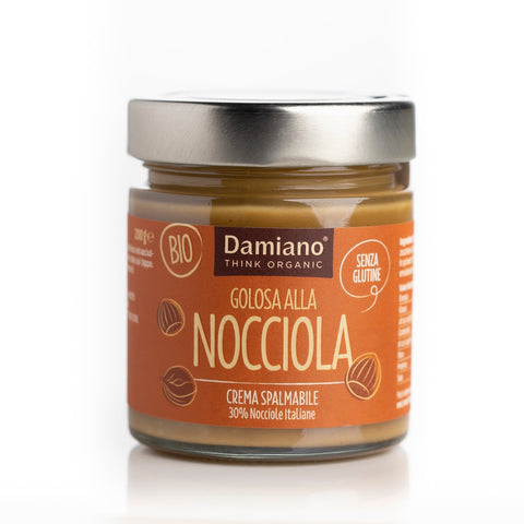 Golosa alla nocciola etichetta frontale, crema al latte bio  e senza glutine con il 30% di nocciole. 200g