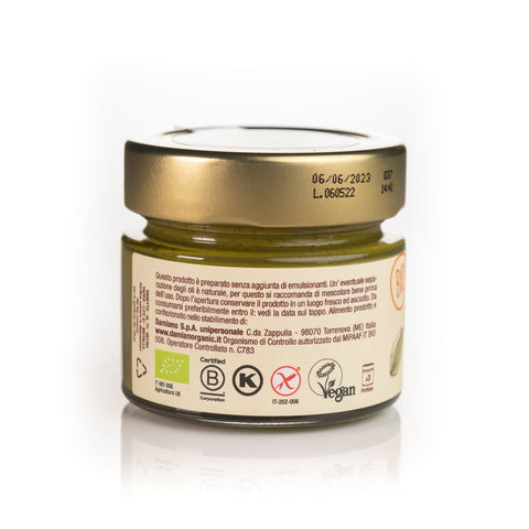 Etichetta retro: prodotto preparato senza emulsionanti. Dopo l'apertura conservare il prodotto in un luogo fresco e asciutto. Mescolare bene prima dell'uso. Prodotto da Damiano Spa - Contrada Zappulla (ME). Certificazioni: EU Bio, BCorp, Gluten free, Kosher, vegan.